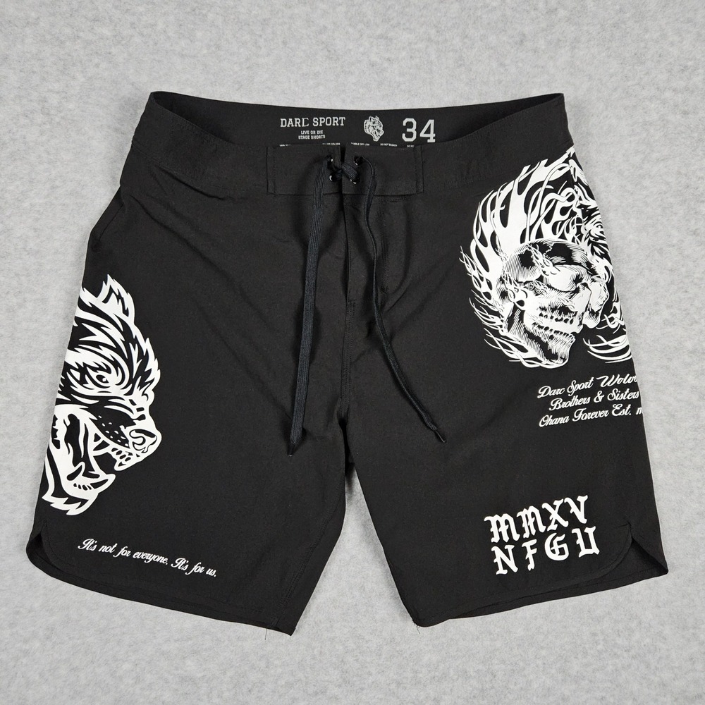 Darc Sport (Mens 34) Black Board Shorts Stage Shorts Wolves Skull Gym Drawstring